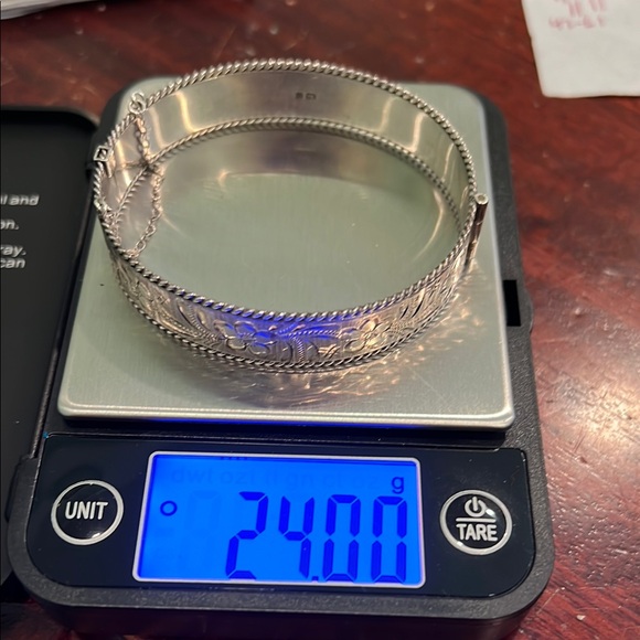 Vintage Sterling Silver Floral Etched Hinged Bracelet Bangle Safety Chain 7" 24g - Picture 7 of 7